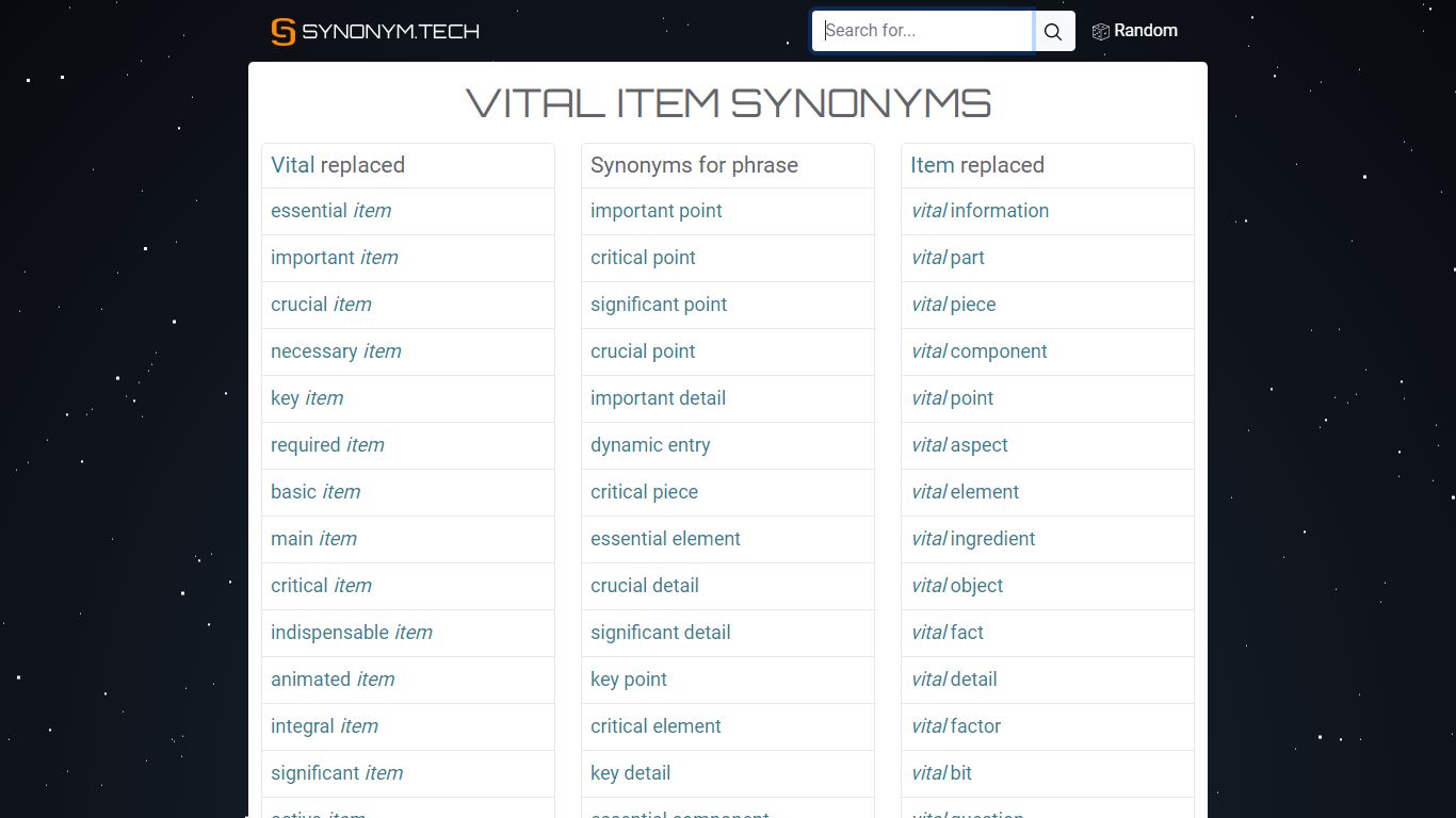 Vital item - synonyms for phrase